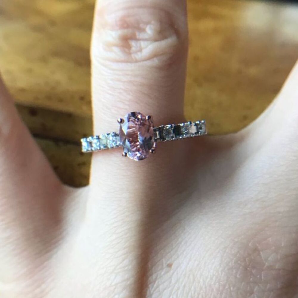 Natural Morganite Moissanite Sterling Silver Ring Size 9